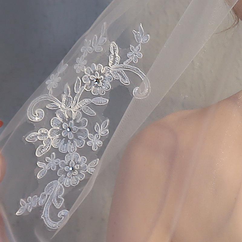 European & American Short Bridal Veil with Lace, Rhinestones & Comb