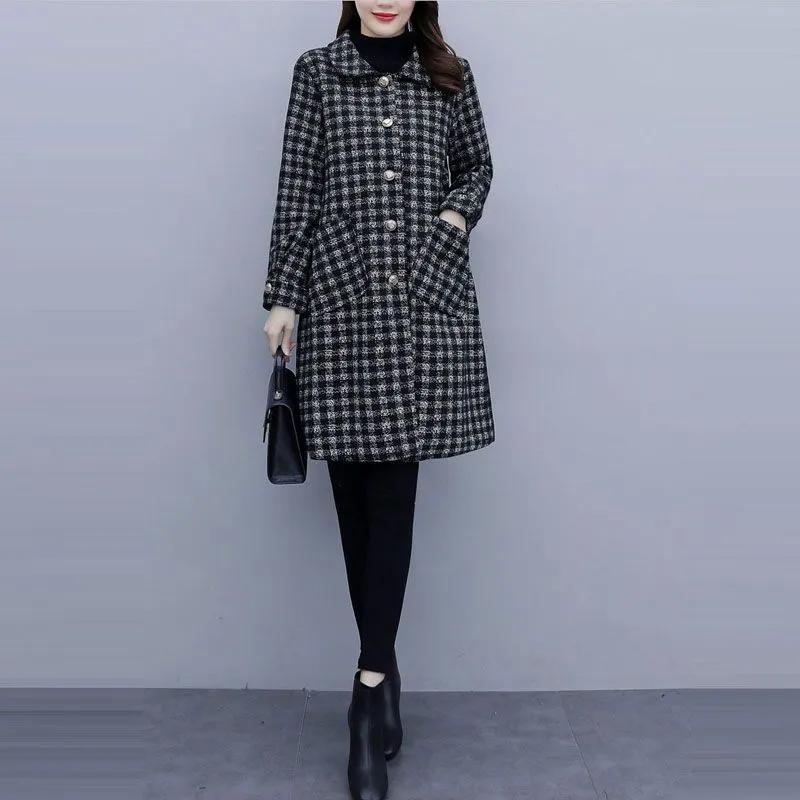 Plus Size Women's Autumn and Winter Plus Size Jacket Women's Loose and Thin Mid-length Plaid Coat