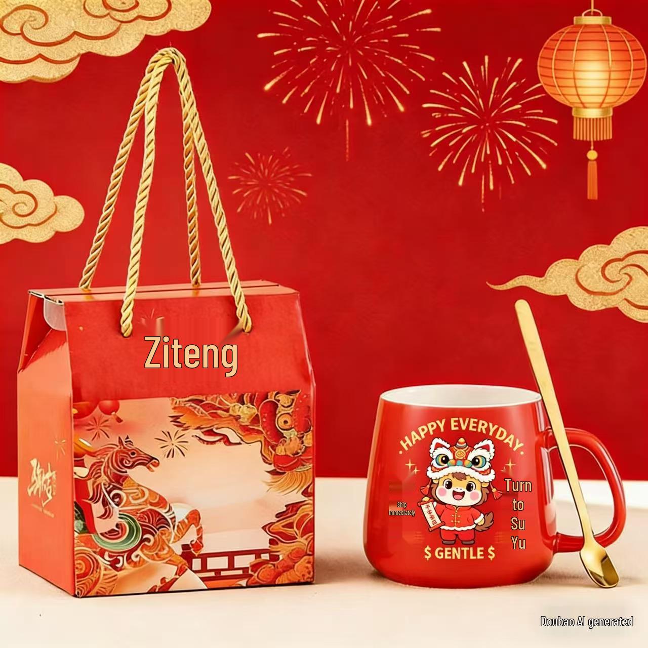 Year of the Horse Ceramic Mug Gift Set with Lid, Spoon, and Towel 400-550ml