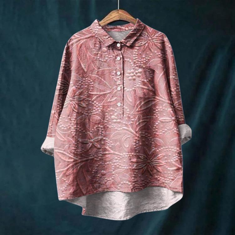 Vintage Floral Print Womens Long Sleeve Shirt Irregular Hem Collar Top Casual Button Blouse