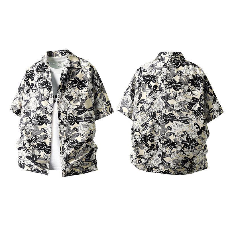 Black & White Tropical Leaf Print Cuban Collar Short Sleeve Shirt - Trendy Hong Kong Style Loose Casual Top