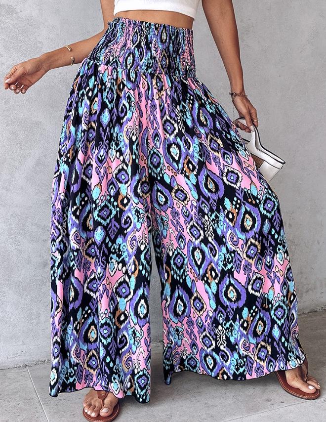 2024 Retro Floral Print Waist-Cinching Wide-Leg Pants for European and American Women