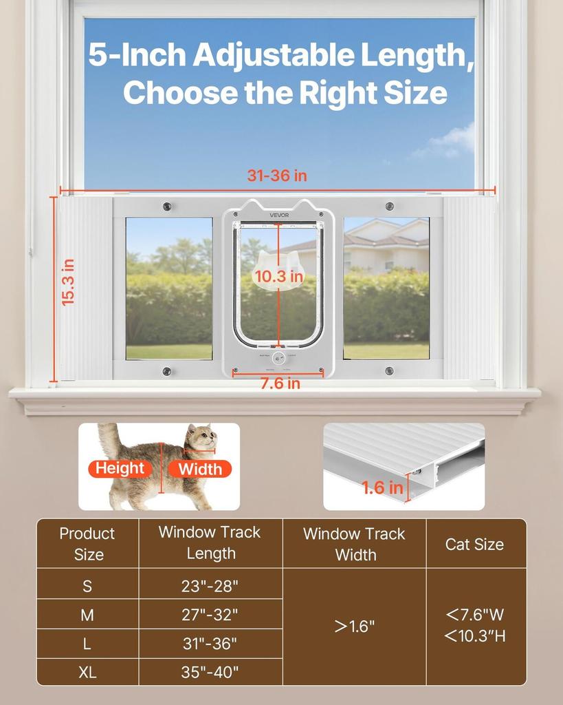 Cat Door for Window, Adjustable to Fit Window Width 787-914 mm, 4 Secure Lock Modes, Aluminum Frame and High-Transparency Glass, Magnetic Closure,
