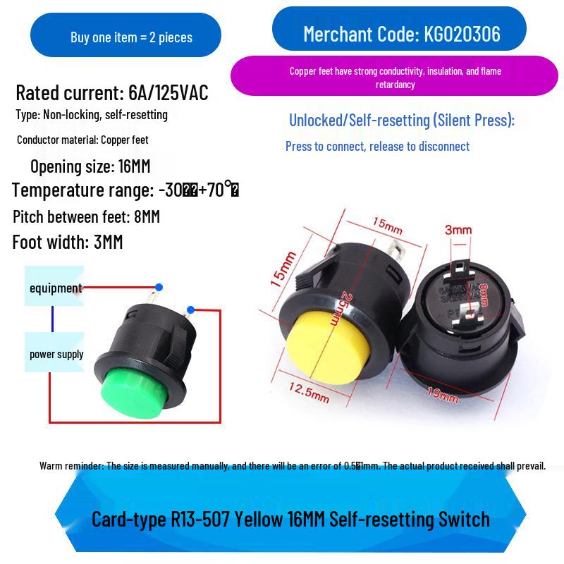 16MM Round Push Button Switch R13-507, Self-Reset, Momentary, Black/White/Red