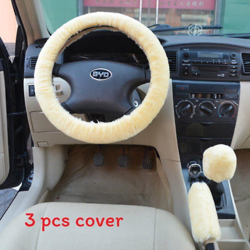 

Car Universal Steering Plush Cover Three Piece Set For Winter With Antislip Grip Beige
