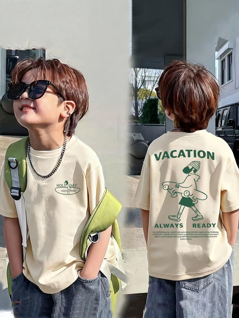 Boys' Cartoon Pattern Short Sleeve T-Shirt Loose Fit Summer Casual Wear Fashion Casual Round Neck T-Shirt Children's Clothing