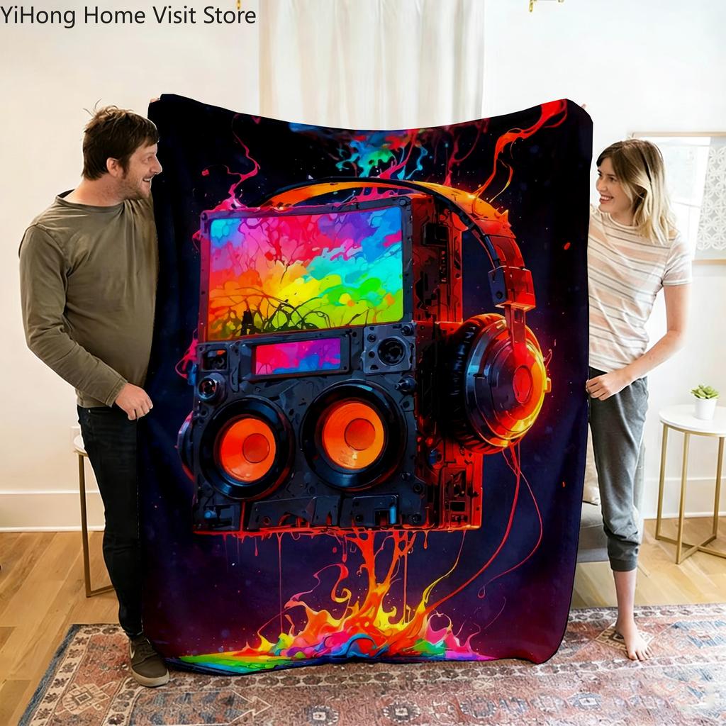 Live Music Neon Headphones Printed Flannel Blanket Perfect for Sofa Office Bed Travel Sleep Read Relax Camping Four Season Use