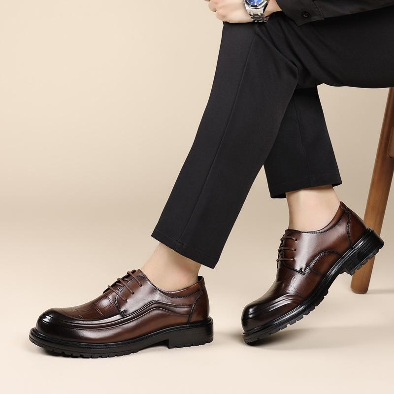 Men'S Business Casual Leather Shoes, Genuine Leather Thick-Soled Formal Men'S Shoes, Pure Cowhide Derby Big Head Shoes, Light Luxury
