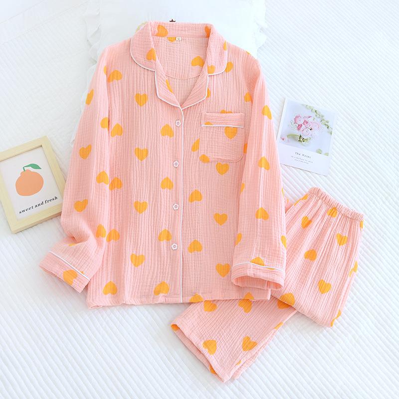 Love crepe lapel pajamas women's spring and summer thin long-sleeved cardigan set large size loose and comfortable loungewear