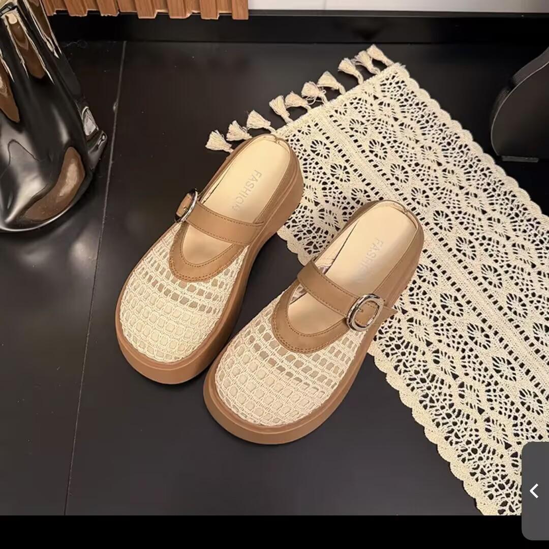 

Женские шлепанцы с толстой подошвой, с закрытым носком, летняя мода 2025, для улицы, на одной педали, плетеные, с перфорацией, дышащие, полушлепанцы 40