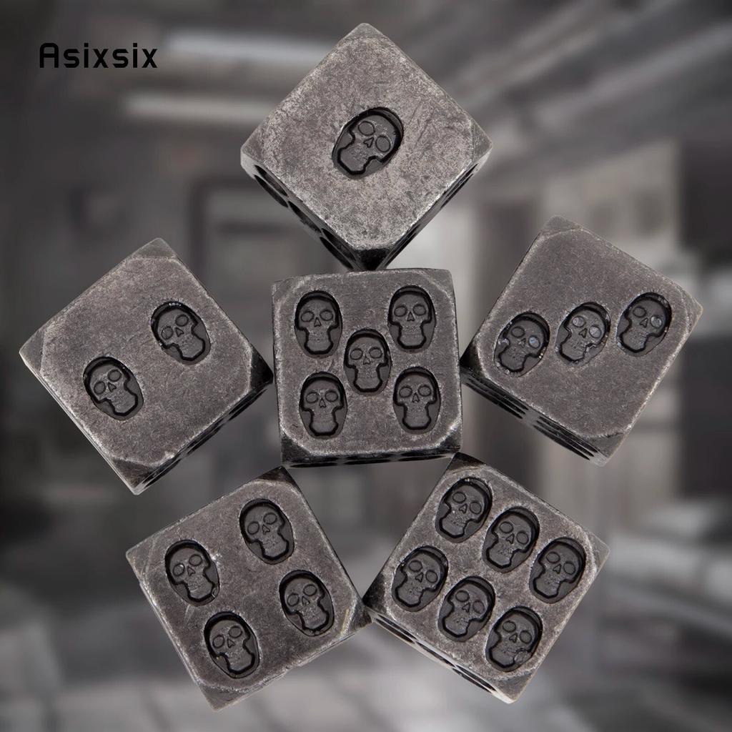 6 Stück Silber Totenkopf Metallwürfel Massivmetall Polyeder Würfel Set Geeignet für Rollenspiele RPG Brettspiele Kartenspiele