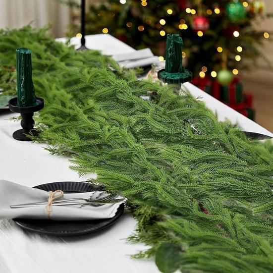 Vánoční girlanda z norfolské borovice s realistickým vzhledem, zimní umělá zelená girlanda na krbovou římsu, krb, stůl, schodiště, vnitřní, venkovní dekorace