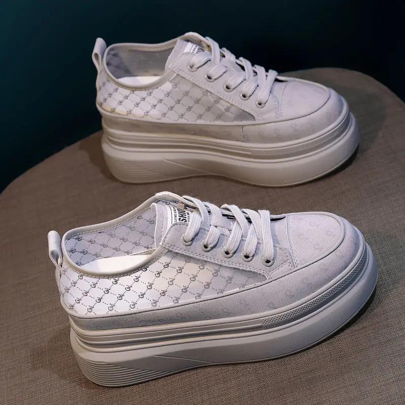 High On Platform Lace Up Low Round Toe Black Mesh Breathable Canvas Female Footwear Women's Shoes Daily Routine Y2k Fashion 2025