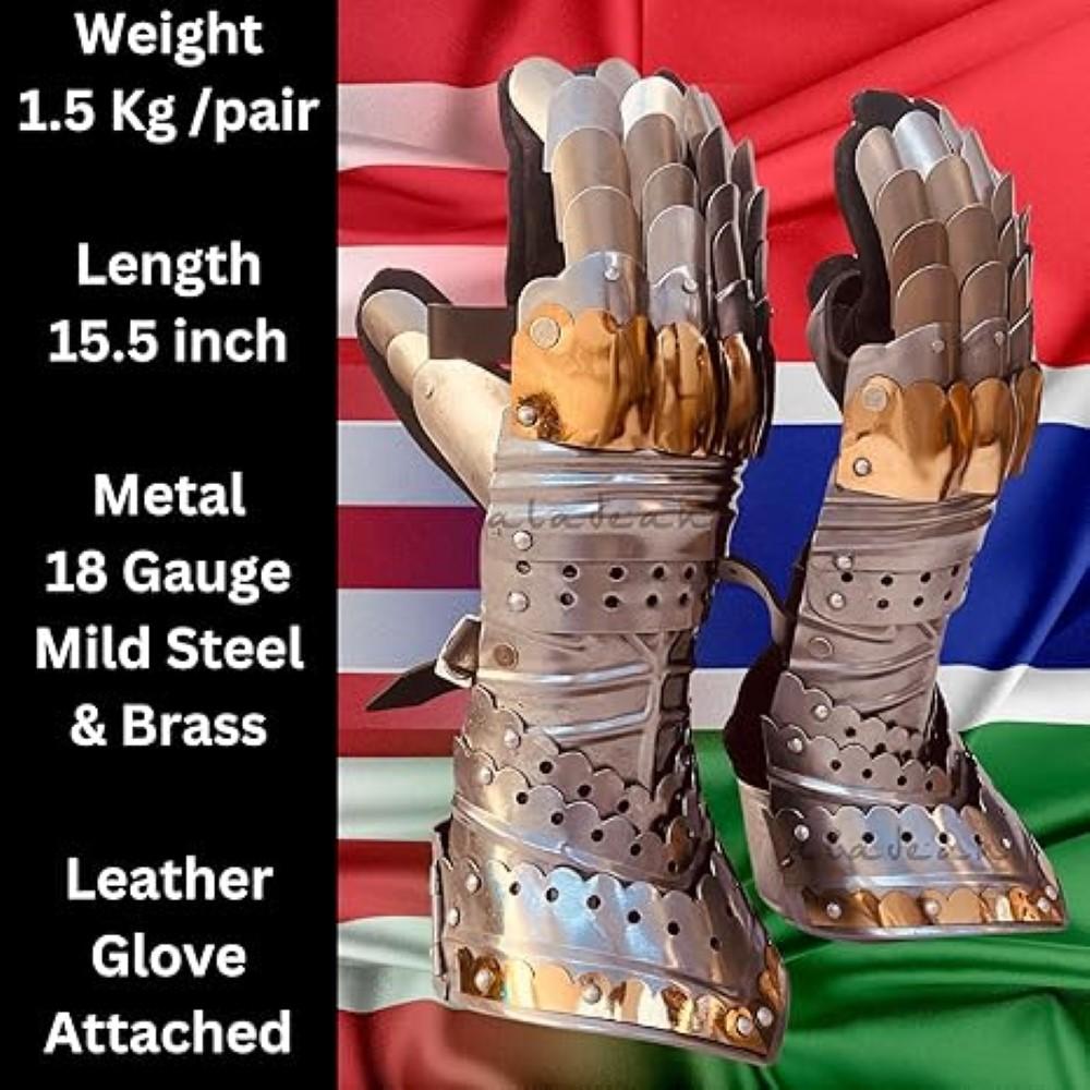Medieval Knight Gauntlet Gloves Pair Brass Accents Crusader Armor Steel Gloves