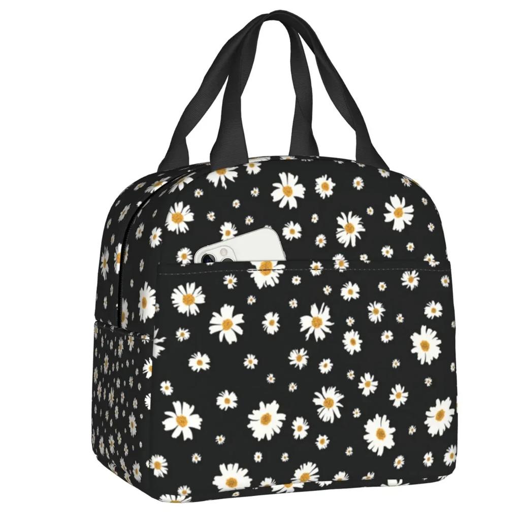 Floral Daisy Print Insulated Lunch Bag for Women Chamomile Flowers Cooler Thermal Lunch Tote Box Portable Picnic Food Bento Bags