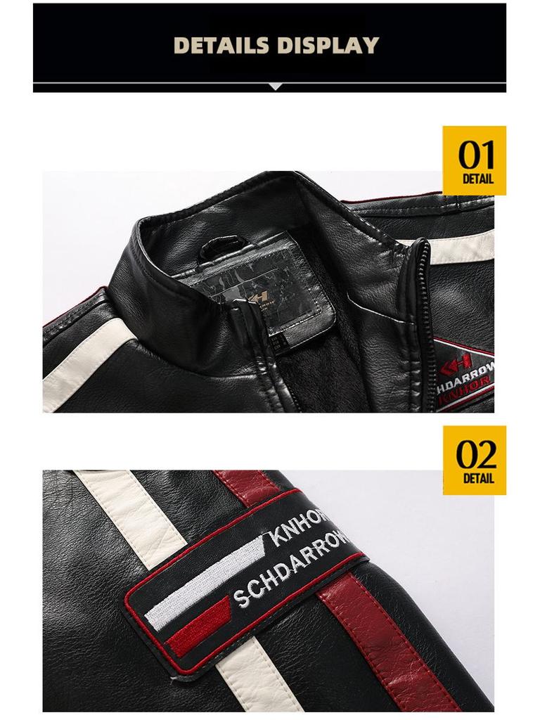 Men's Color Block PU Leather Jacket with Fleece Lining, Motorcycle Racing Style