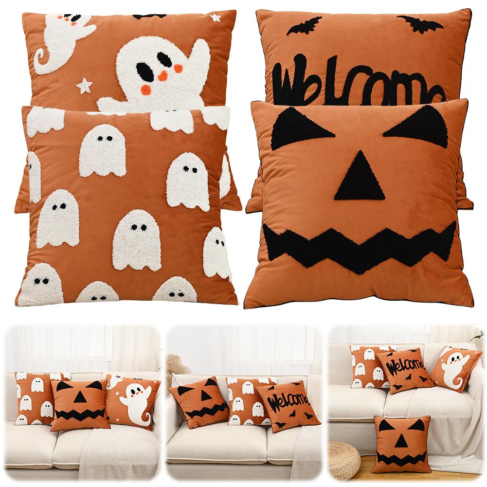Halloween Embroidered Cushion Cover Soft Ghost Pillow Cover Embroidered Decorative Pillow Cover for Home Decor