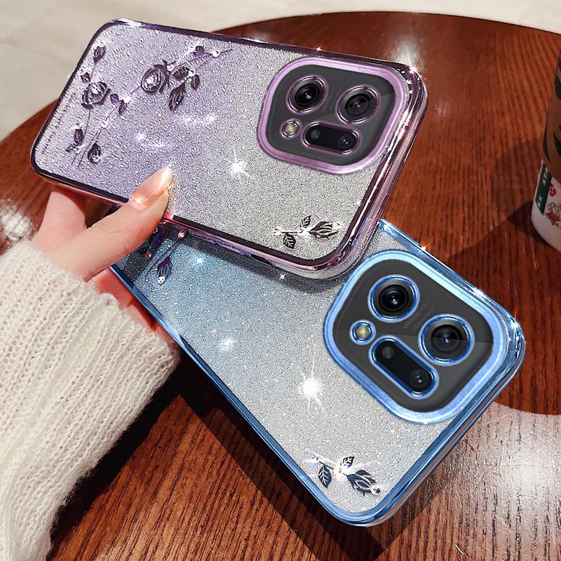 KADEM TPU Phone Case for Oppo Find X5,Flower Pattern Rhinestone Gradient Color Glitter Powder Back Cover