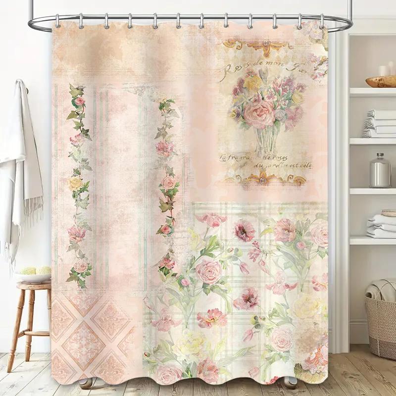 

Vintage Decor Shower Curtain With Flowers Pink Rustic Print For Bathroom Soft Fabric Waterproof Home Decoration W60H190(CM)-1 Pcs