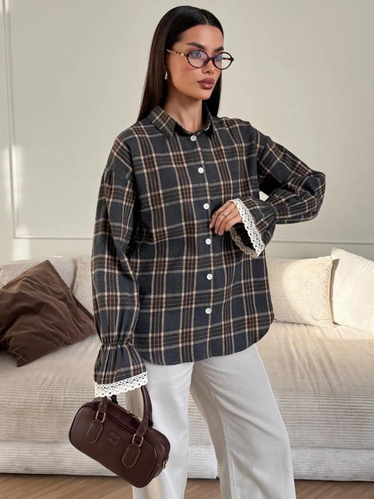 Casual Cotton Polyester Plaid Shacket With Long Sleeves For Spring Wear