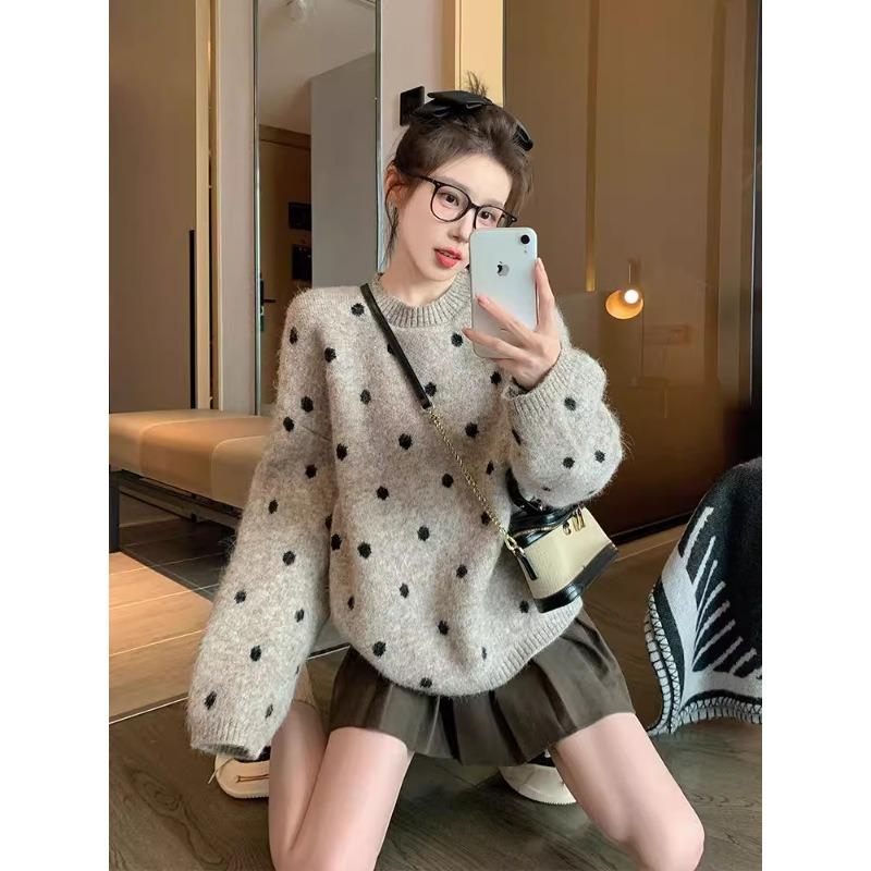 Khaki Polka Dot Pullover Sweater for Women New Autumn and Winter Thickened Loose Casual Lazy Style Sweater