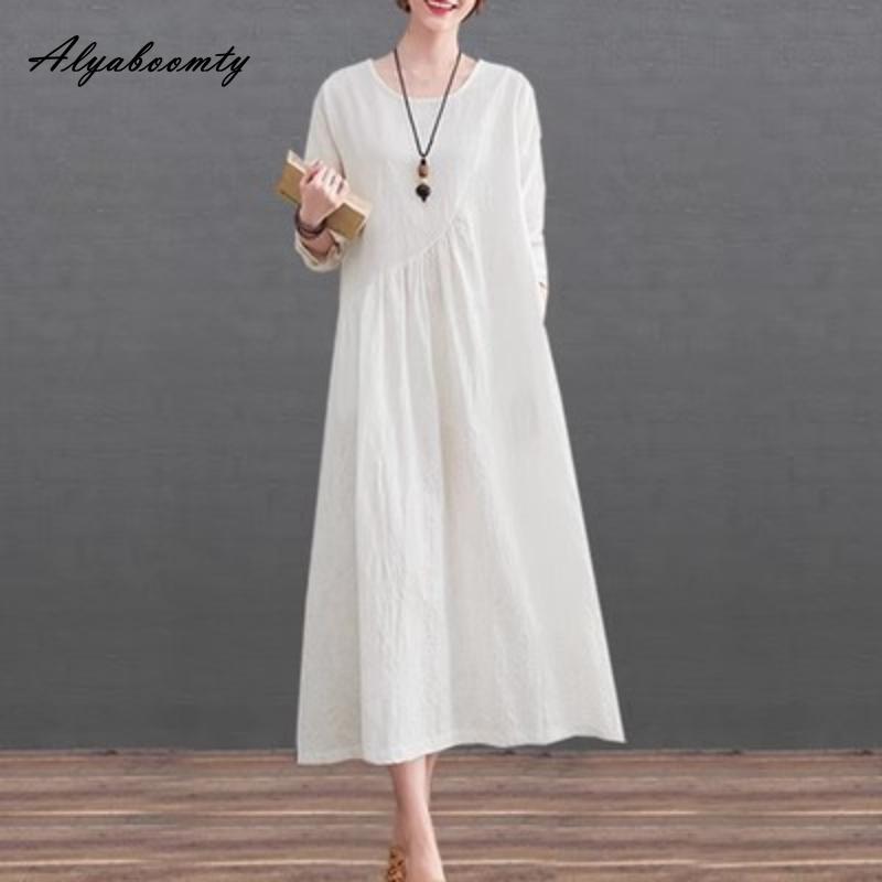 Abito Camicia In Cotone Blu Per Donna Bimba, Con Tasche E Collo Classico, Casual Lungo Midi, Stampato Con Inchiostri Ecologici