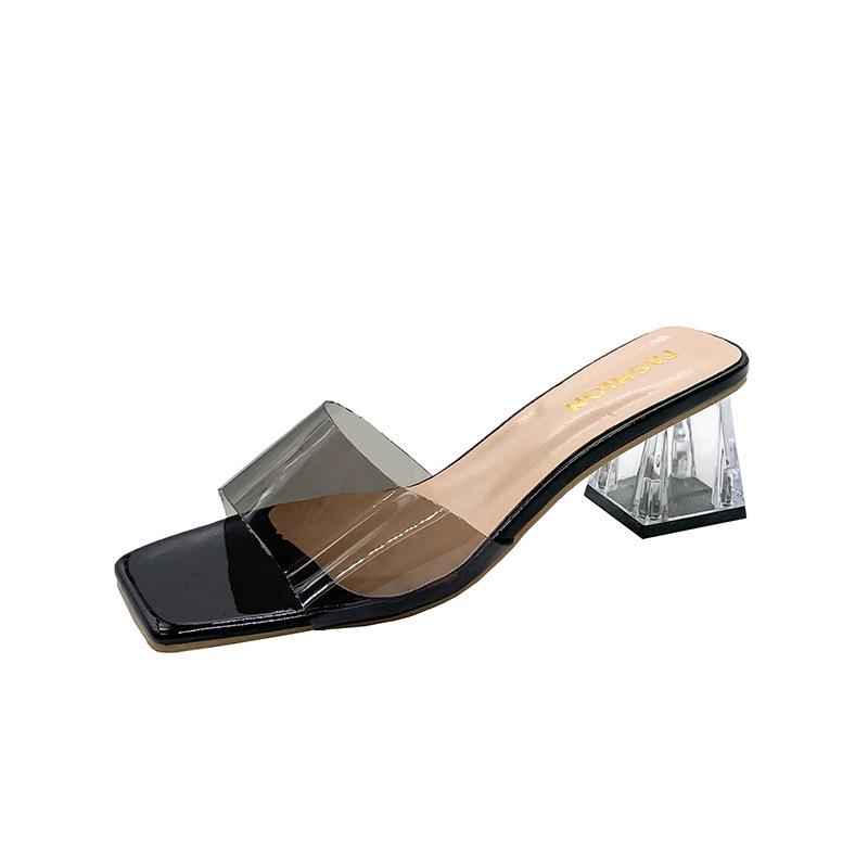 Transparent crystal slippers summer new thick high heel square toe cool slippers summer summer 35