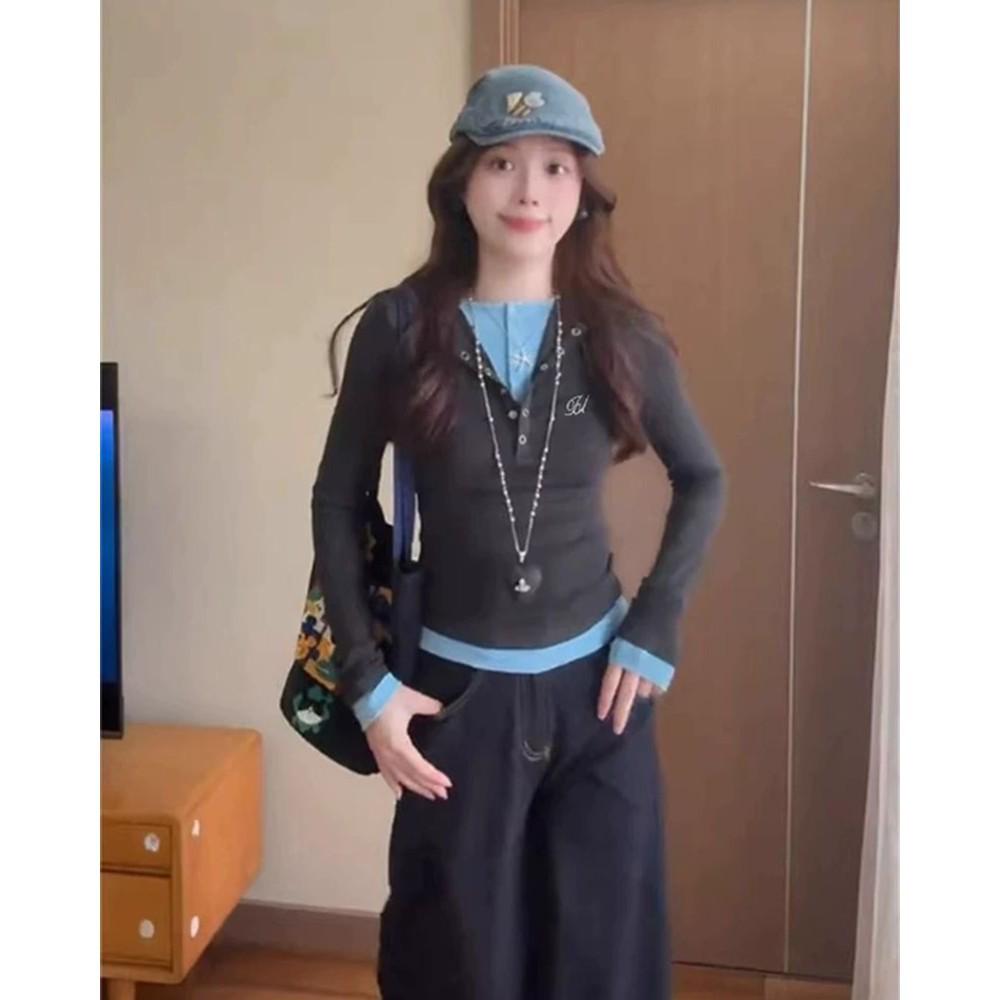 Korean Style Autumn Winter Slim Fit T-shirt: Round Neck, Half-open Collar, Long Sleeve, Faux Two-Piece Design Large