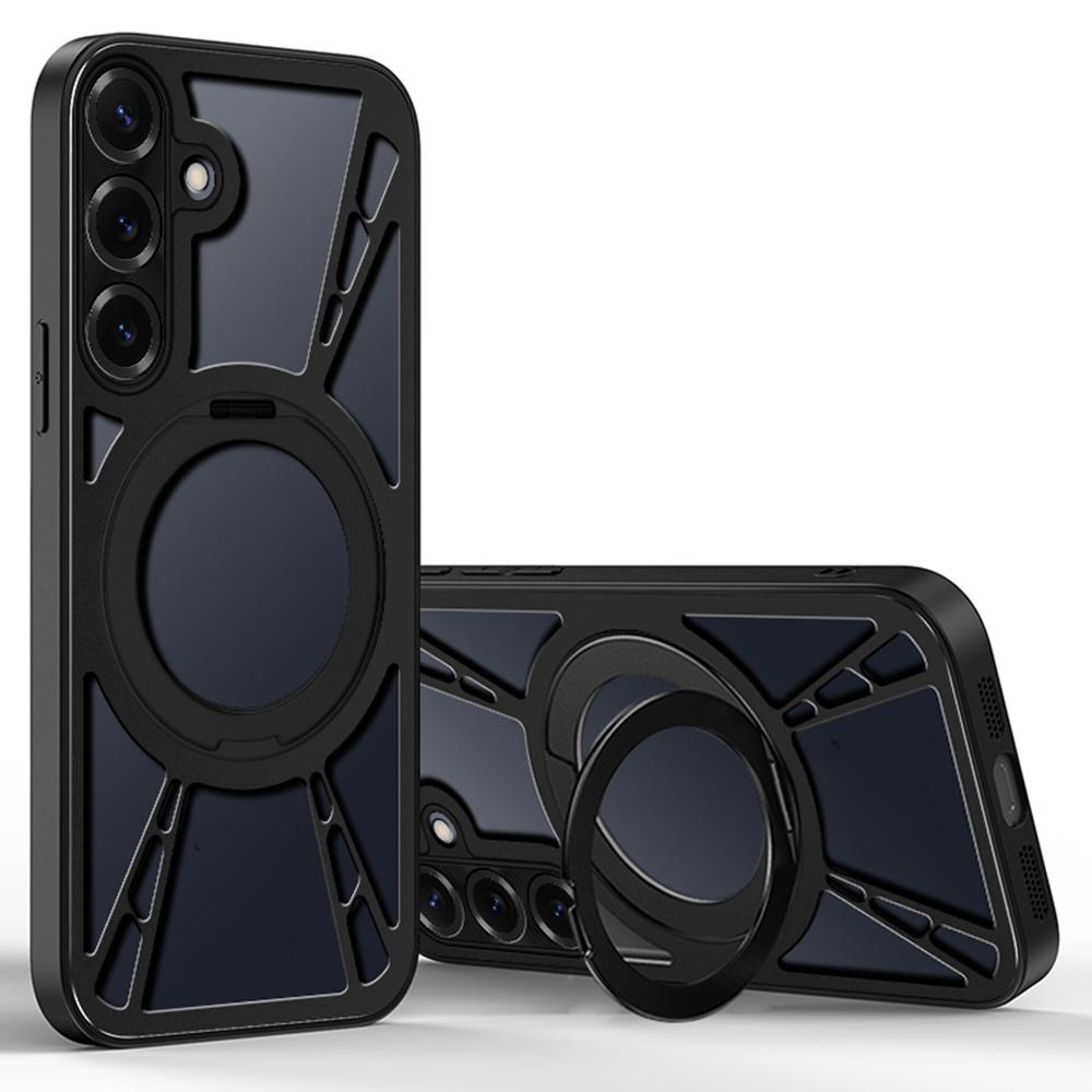 For Samsung Galaxy S25 Case Magnetic Kickstand Hollow Heat Dissipation Silicone+PC+Metal Bumper Phone Cover