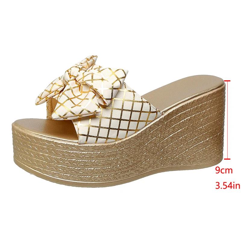Fashion Bowknot Decor Chunky Platform Sandals Women Fashion Plaid Pattern Wedge Heel Sandals Woman Summer Thick Bottom Beach Slippers