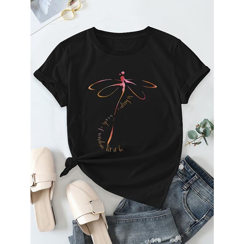 Europäische Größe Damen&Apos;S Libellen-Print T-Shirt, Lässiges Rundhals-Kurzarm-T-Shirt, Frühling/Sommer Basic Alltagsbekleidung, Maschinenwaschbar, Grafik-T