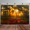 Forest Sunset Tapestry Wall Hanging, Sun Rays Through Trees And Colorful Flowers, Nature Landscape Home Decor For Living Room