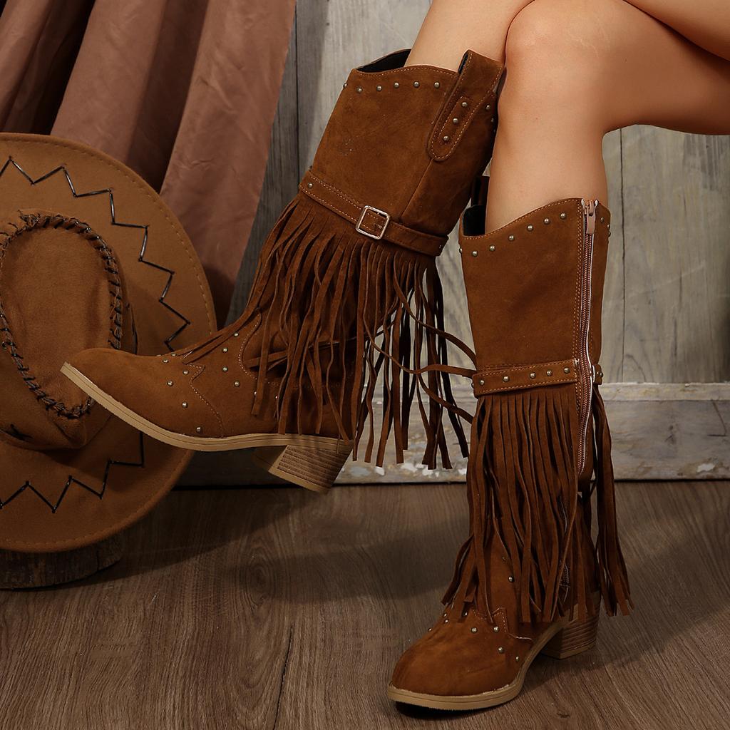 Suede Vintage Fringe Boots 2025 Winter New Rivet Belt Buckle Pointed Toe Mid-Top Boots Plus Size Knight Boots Women