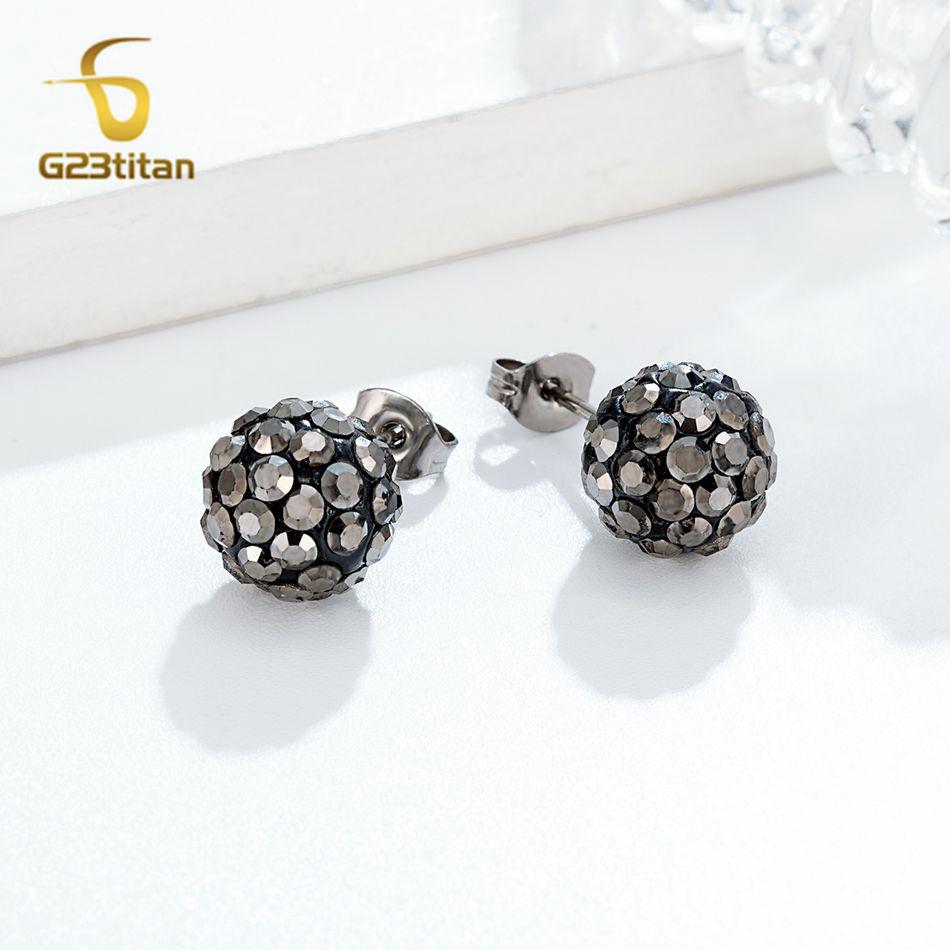 Colors Crystal Bead Polymer Clay Earrings G23 Titanium Ear Stud Micro Pave Rhinestone Disco Ball Hypoallergenic Piercing Zircon