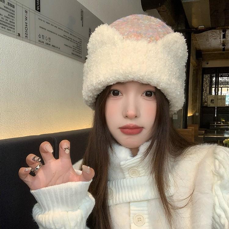 Cute Cat Ears Mixed Color Plush Knitted Hat for Women In Autumn and Winter Sweet Face-showing Small Woolen Hat Warm Ear Protection Hat