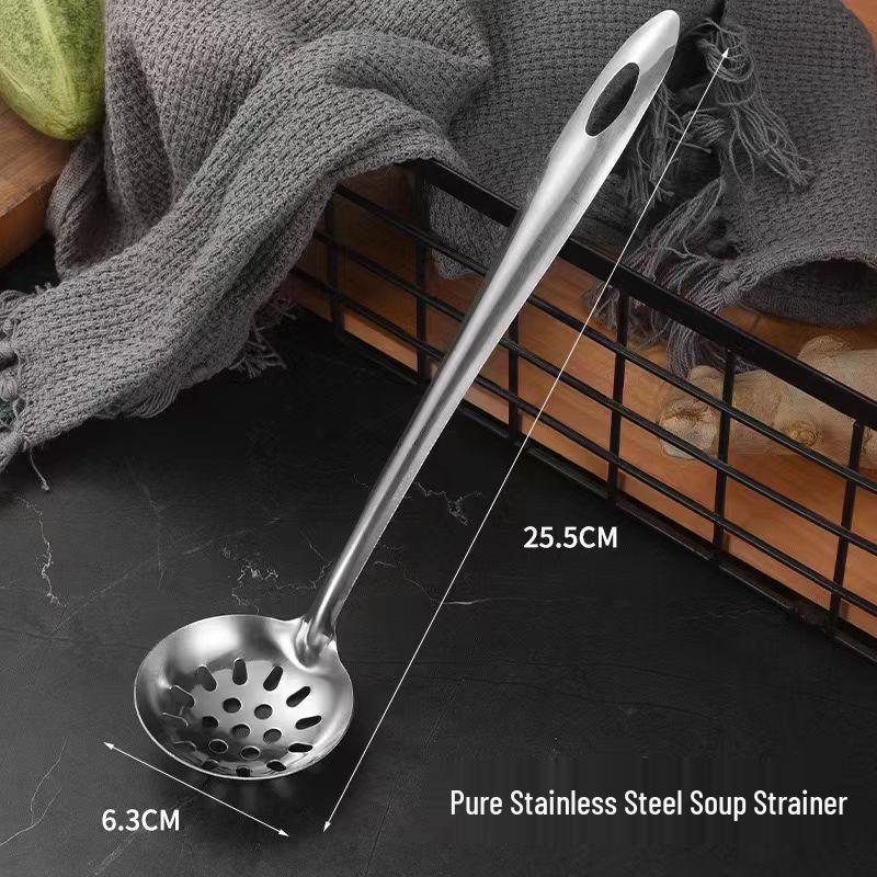 Stainless Steel Kitchen Soup Ladle Set: Includes Ladle, Porridge Spoon, Long-Handled Hook Ladle, and Household Colander.