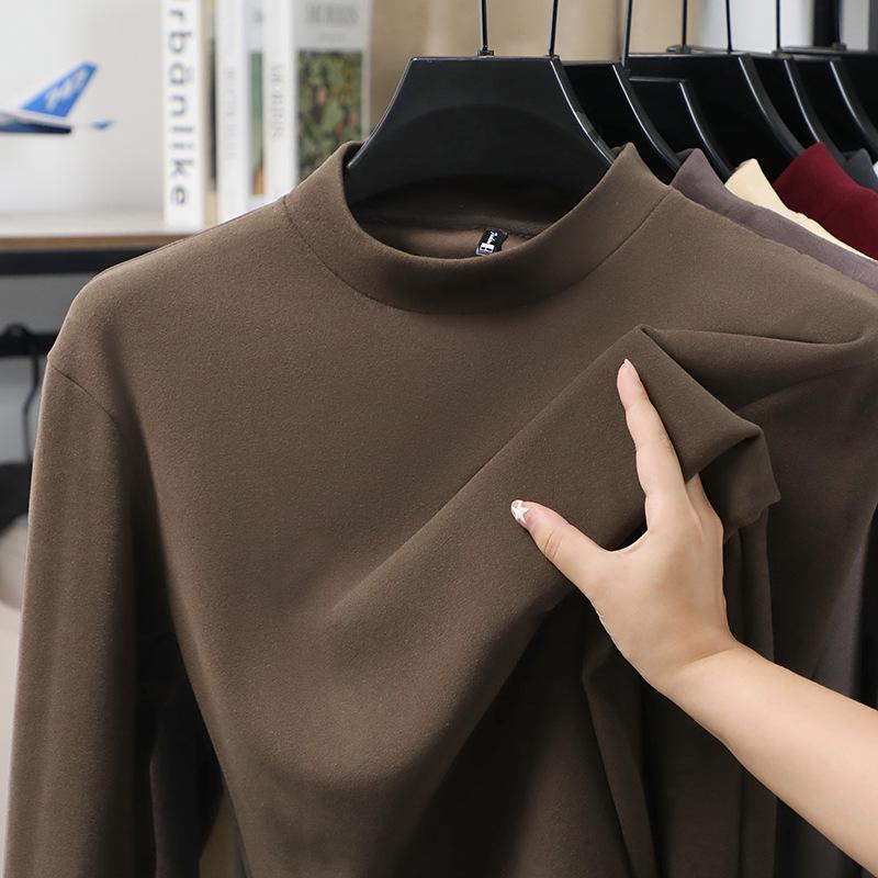 Men's Slim Fit Double-Sided Plush Base Layer Shirt, Solid Color, Half-High Collar, Long Sleeve, Thickened Warm Inner Wear for Autumn & Winter