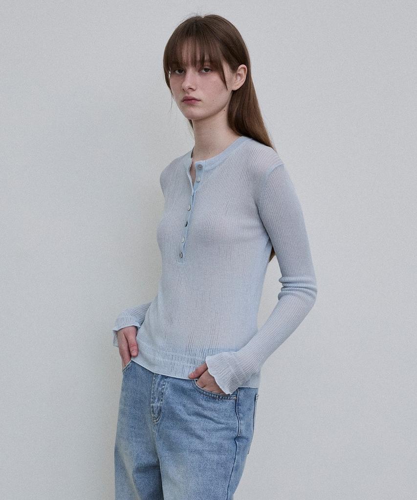 Dito Sheer Ribbed Henley Top [Blue]
