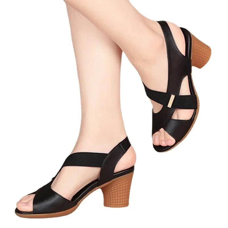 fashion 2024 New Shoes for Women Peep Toe Women's Sandals Fashion Office Sandals Women Round Toe Slip-on Chunky Heel Rome Ladies Shoes