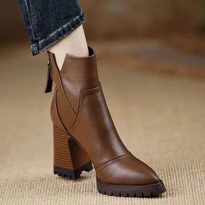 Fashion Women's Shoes Platform Pointed Toe Zipper Booties High Heel Boots Block Heel New Brown