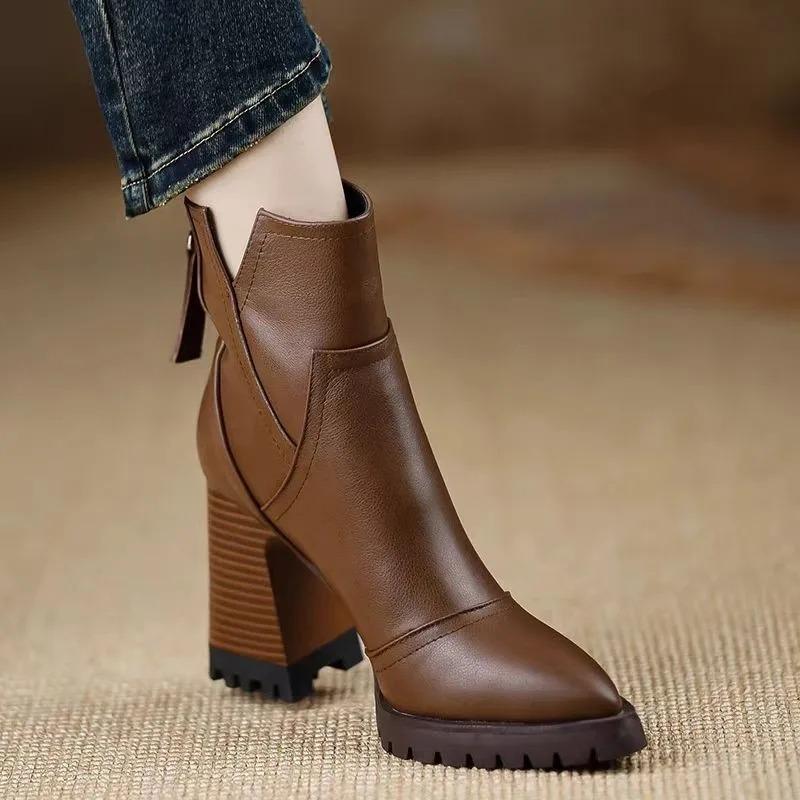 Women's Shoes Platform Pointed Toe Zipper Booties High Heel Boots Block Heel New Brown