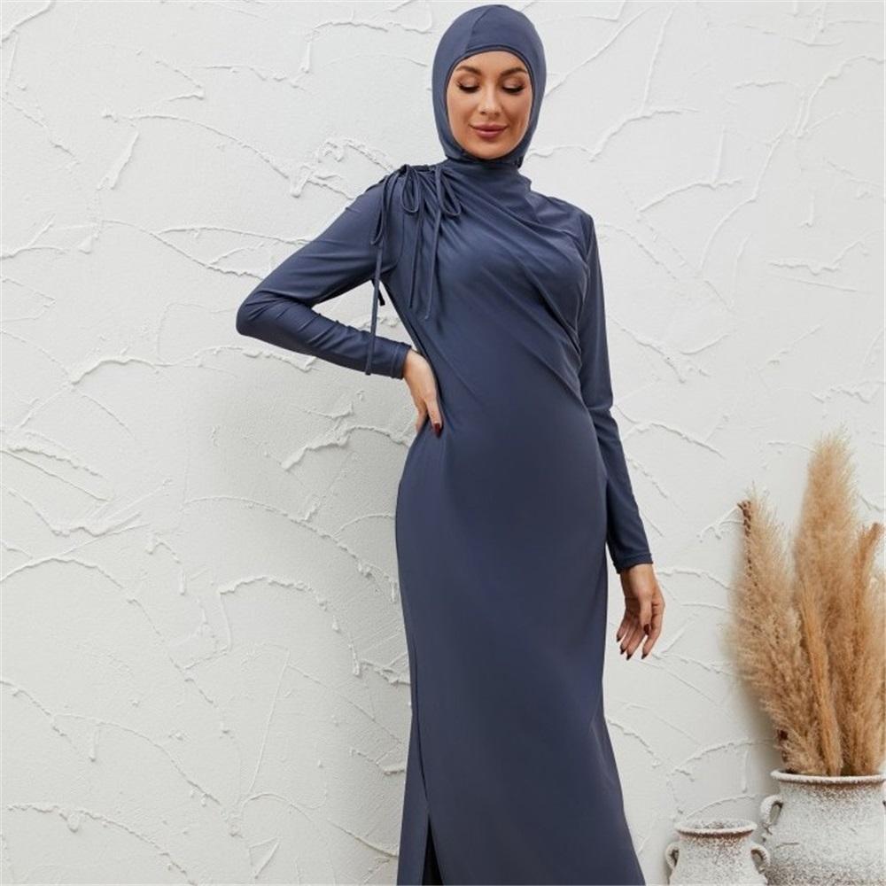 Damen 3-teiliger bescheidener Burkini Badeanzug in Marineblau mit Hijab, durchgehend langärmeliges Badekleid & Hose mit hohem Bund
