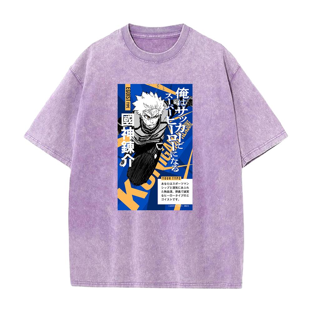 Anime Blue Lock Rensuke Kunigami Cool Graphic Washed Tshirt Men Manga T-shirts Casual Tee Harajuku Male Cotton Vintage T Shirt