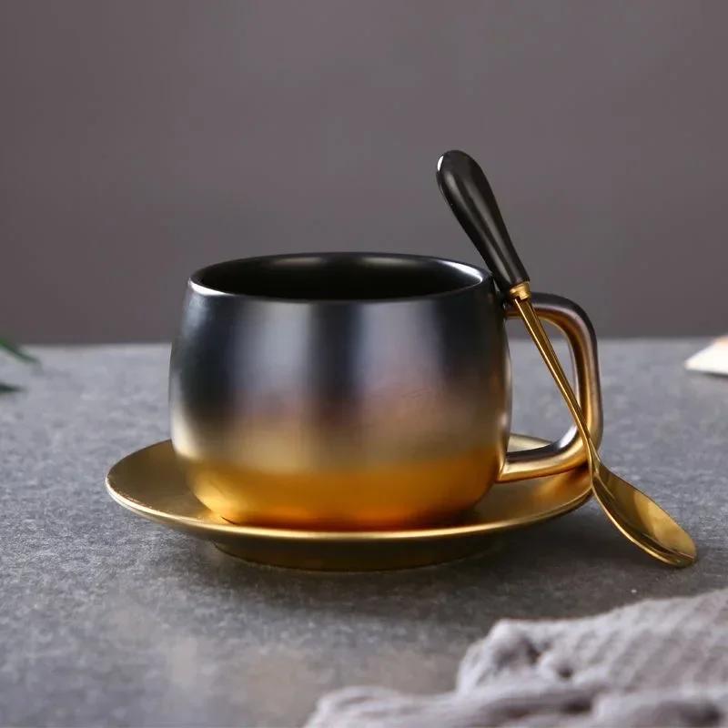 280ml Luxury Black Gold Marble Ceramic Coffee Cup Concentrated Tea Juice Breakfast Milk Cup with Plate Spoon Set Tea Set
