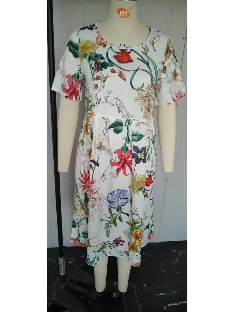 O Neck Print Flowe Dress Middle Waist Elegant Large Swing Type Dress for Women Short Sleeve Loose Dresses Causal Dress