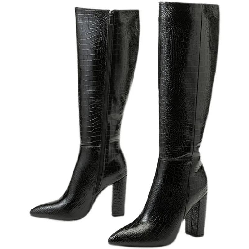 Pointed Thick Heels Knee Long Boots Women'S  Spring/Autumn Patent Leather  Pattern Panel Side Zipper Boots
