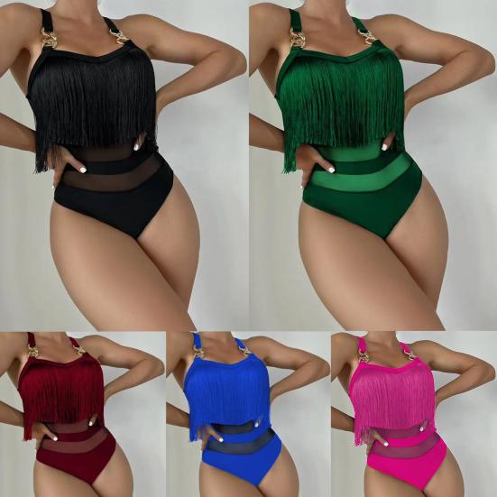 Women Sexy Monokini Sling Sleeveless Tassel Decor Swimsuit Mesh Splicing Backless Design One-piece Bikini
