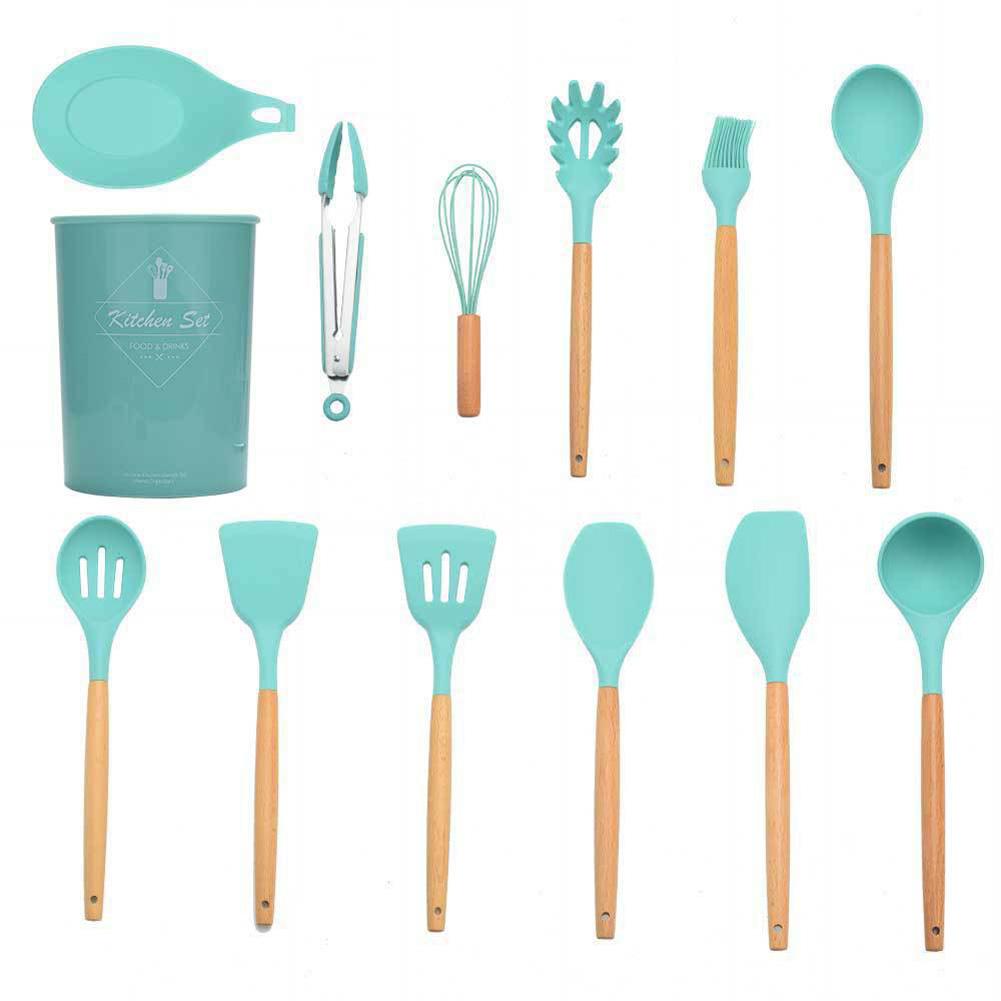 12pcs Green Silicone Kitchen Ware Shovel Spoon Kitchen Tool Spoon Storage Bucket Set