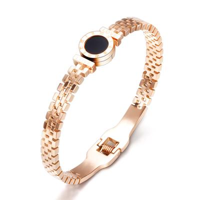 Pierced Black Roman Numerals Round Epoxy Bracelet Watch Chain Adjustable Titanium Steel Bracelet