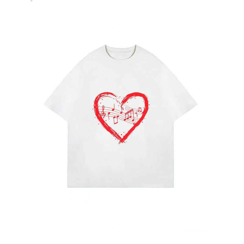 White T Shirt With Red Heart Music Notes Print For Casual Wear And Music Lovers